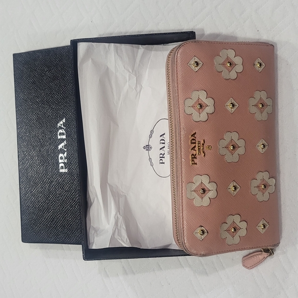 Prada Saffiano Leather Flower Pearl Long Zip Around Wallet - Picture 1 of 10